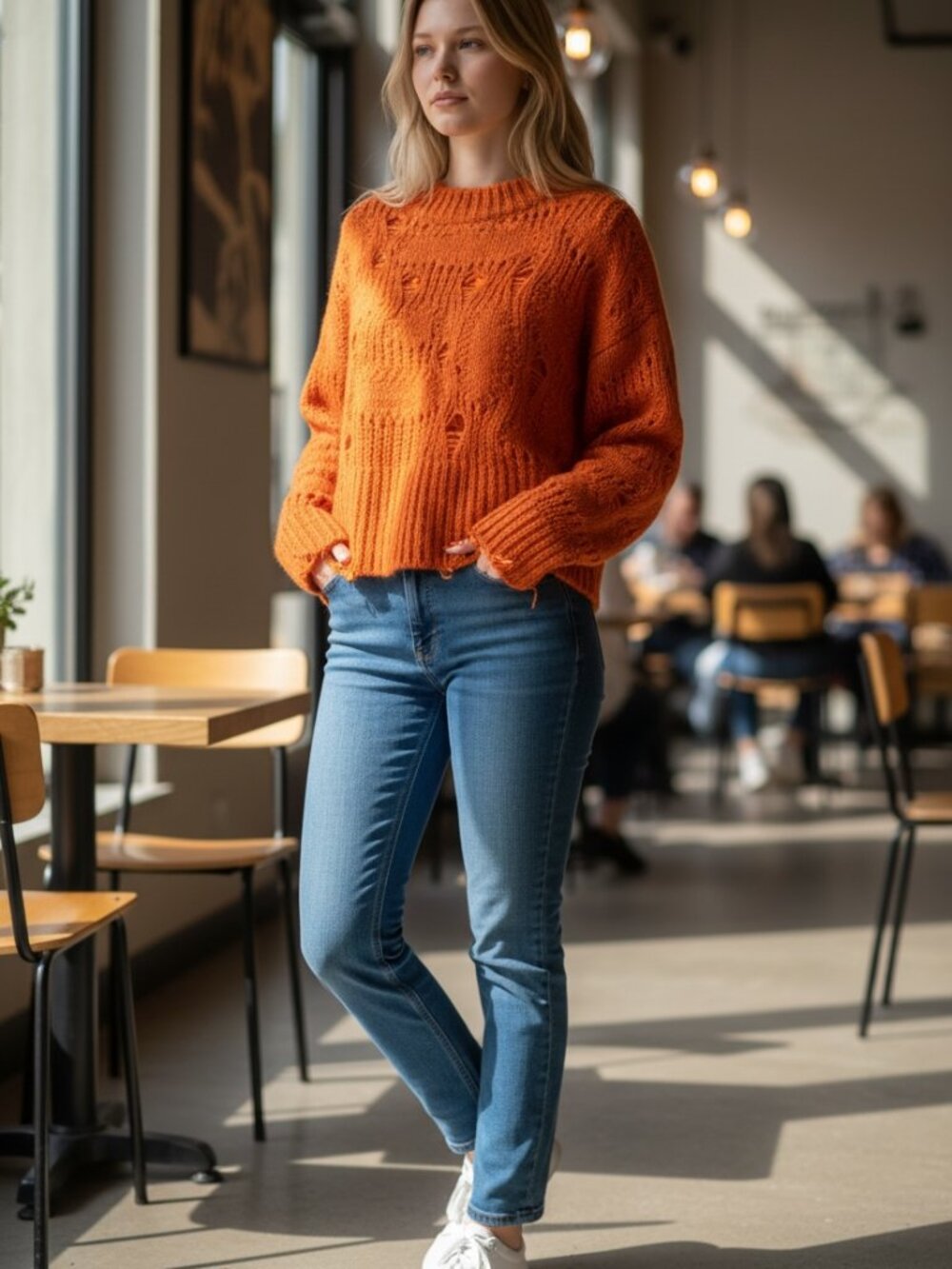 Orange Knit Sweater – Cropped Crewneck, Distressed Detail, Cozy Fall Pullover